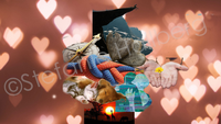 Collage &quot;Mutterliebe&quot;: Vor Hintergrund mit Herzen: zusammen schlafende Hund und Katze, verwobene Taue in bunten Farben, zwei H&auml;nde mit Bl&uuml;te, Person auf einer hohen Klippe, Stoffherzen, Kompass, &copy; Stefanie Hallberg
