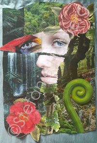 Collage &quot;Mutter Natur&quot;: Gesicht einer Frau umrandet von Dschungelpflanzen, Wasserfall und gro&szlig;en Bl&uuml;ten, &copy; Stefanie Hallberg