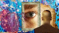 Collage &quot;Selbstreflektion&quot;: Mann von hnten guckt in Spiegel mit Auge, Herz mit Gef&auml;&szlig;en, gef&auml;rbte Zellen im Hintergrund, &copy; Stefanie Hallberg
