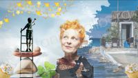 Collage &quot;Reaching for the stars&quot;: Vivian Westwood looking at a boy on a ladder, stone sculpure, stars, house at the sea, &copy; Stefanie Hallberg