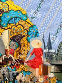 Collage &quot;Returning Home&quot;: Kenyan and German fabric designs, Kenyan women, Kenyan food and spices, the Big Five, Cologne Cathedral and Rhine, in the middle a woman with suitcase, &copy; Stefanie Hallberg