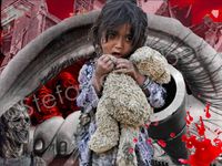 Collage &quot;There will be blood&quot;: young girl with a teddy bear in fron of destroyed houses, zombie, blood drops, empty eye filled with red skulls, gun , &copy; Stefanie Hallberg